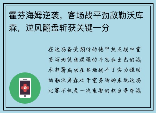 霍芬海姆逆袭，客场战平劲敌勒沃库森，逆风翻盘斩获关键一分